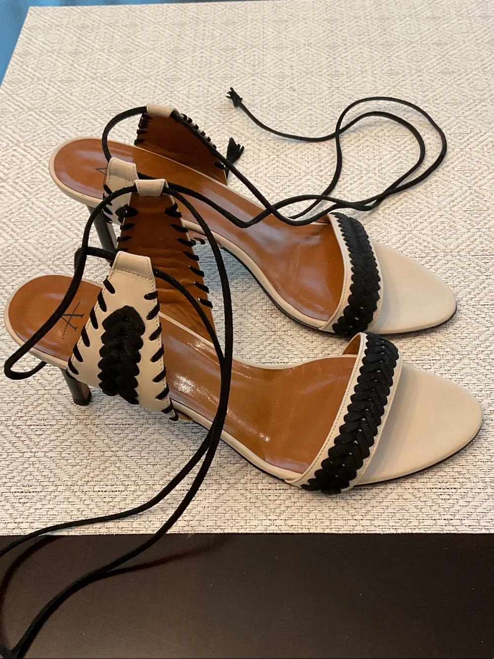 Aquatalia Black and Cream Lace-Up Heeled Sandals